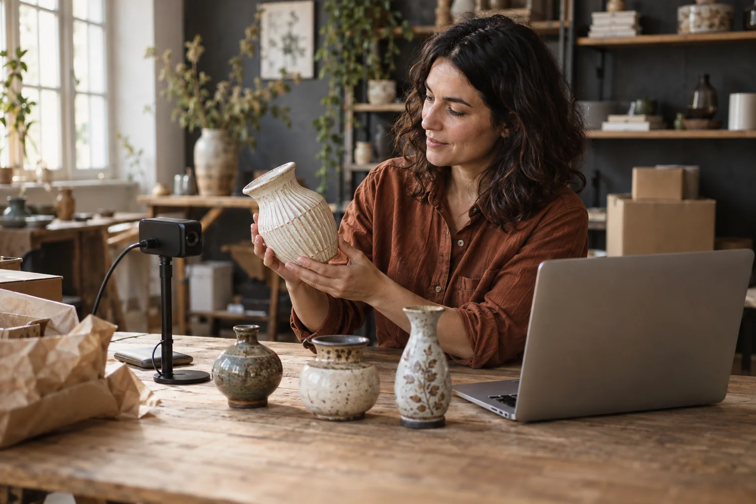 A ceramic seller turning a vase toward her external camera, with her Mac and the next pieces beside her