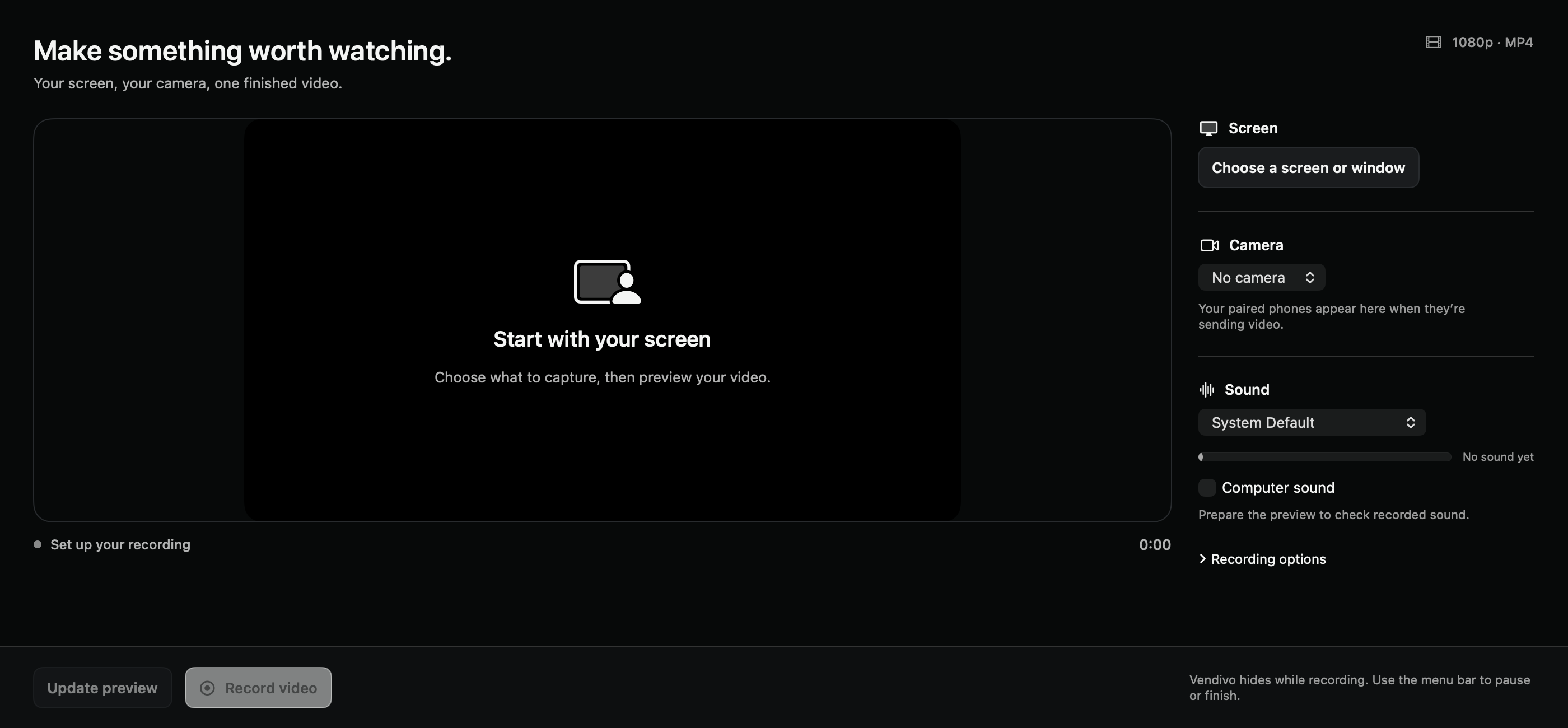Vendivo’s native Record workspace before capture, with screen or window selection, an optional camera, and sound controls.